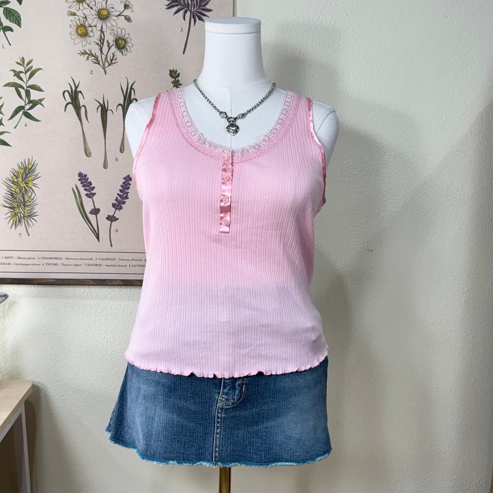 Vintage 90s Y2k Ribbed Lace Trim Henley Tank Top Coquette Dainty Dolly Cottage L